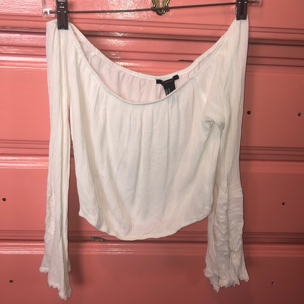 Embroidered bell sleeve off the shoulder crop
